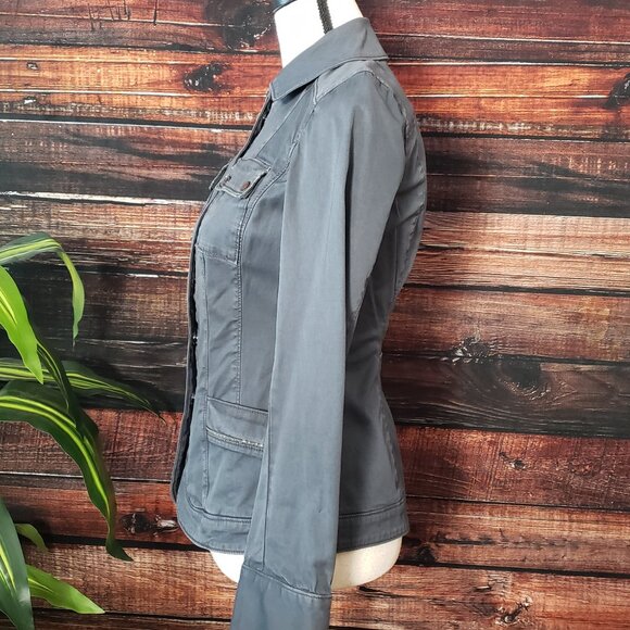 White House Black Market Jacket Size 0 Slate Gray Peplum Embellished Cotton Snap - Picture 5 of 12